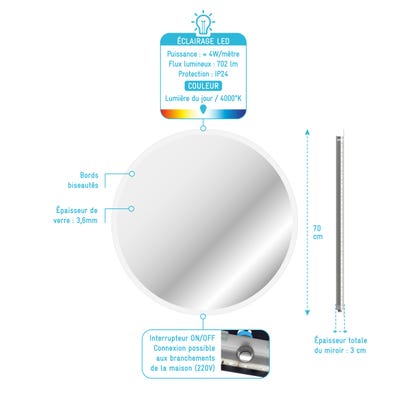 Miroir salle de bain rond avec eclairage LED - Diamètre 70cm - GO LED 3