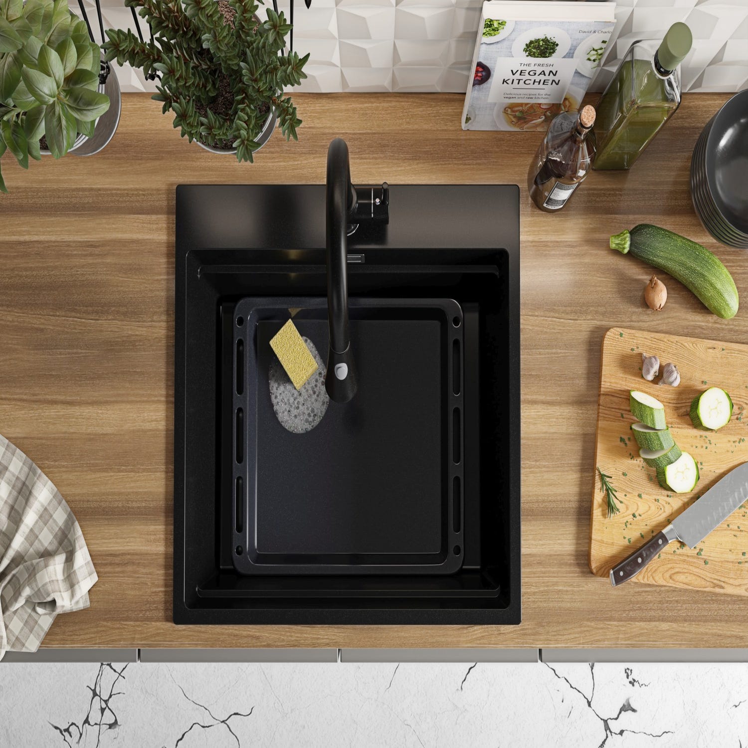 Evier Cuisine Noir, 58 x 53 cm, Evier en Granit 1 bac + Kit de Vidage, Evier a Encastrer de Primagran 2