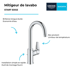 Mitigeur lavabo GROHE Quickfix Start Edge avec tirette et vidage taille L + nettoyant GrohClean 2