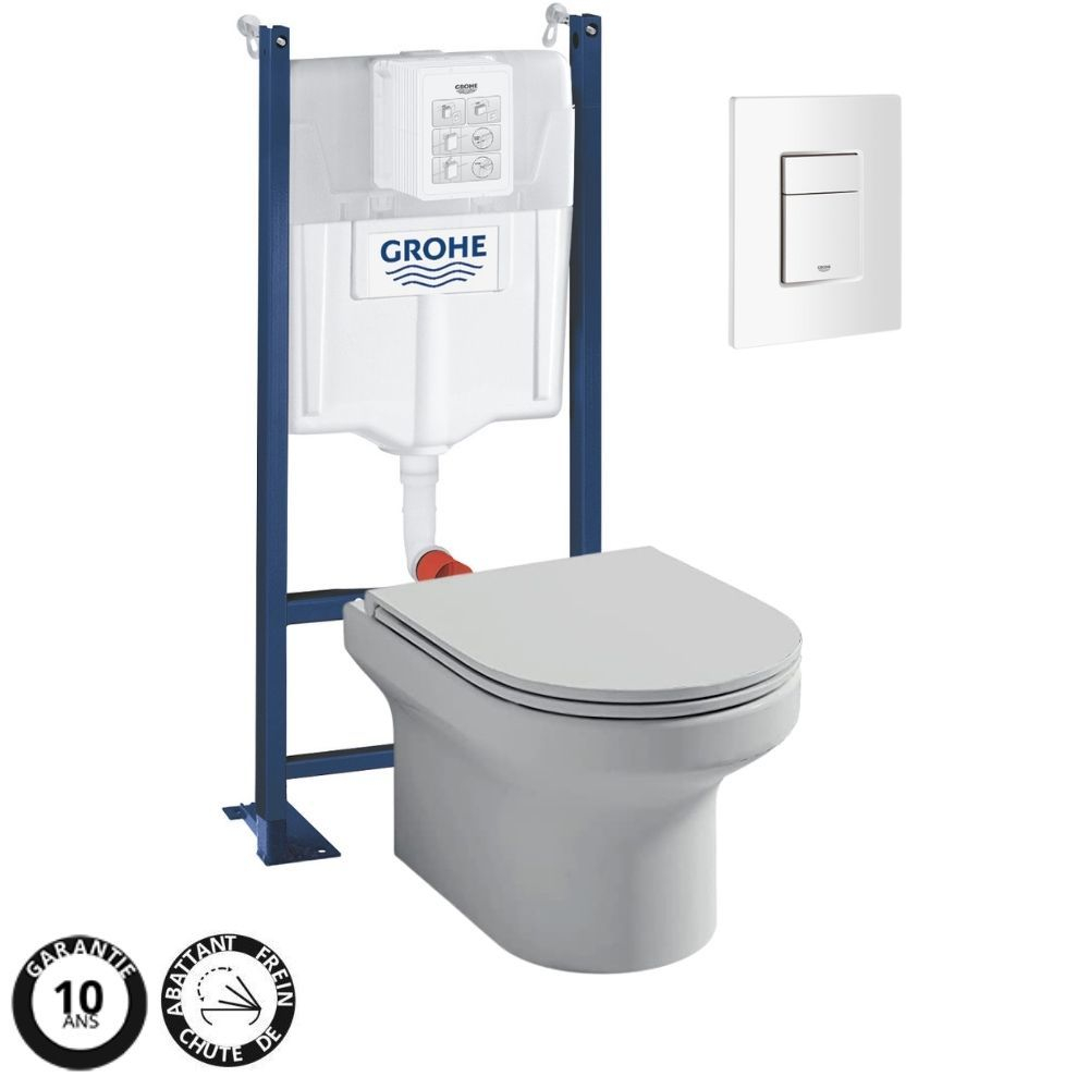 WC suspendu sans bride JACOB DELAFON Elite + bâti-support GROHE + plaque , blanc, Plaque de commande Even