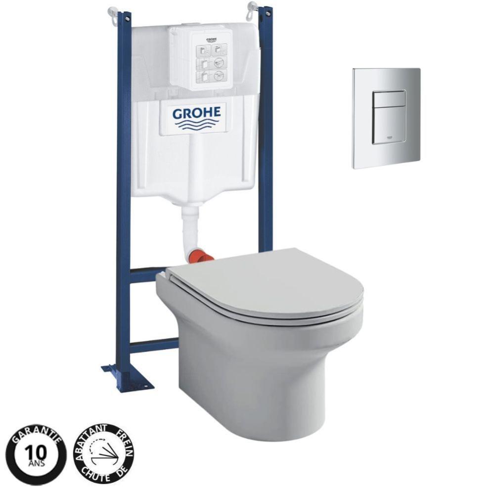 WC suspendu sans bride JACOB DELAFON Elite + bâti-support GROHE + plaque , chrome, Plaque de commande Even