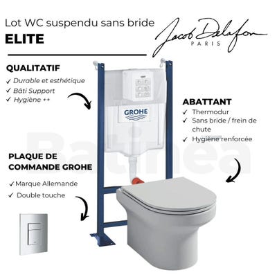 WC suspendu sans bride JACOB DELAFON Elite + bâti-support GROHE RAPID SL+ plaque , chrome, Plaque de commande Even