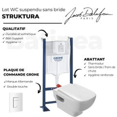 WC suspendu sans bride Jacob Delafon Struktura + abattant + Bati support autoportant + Even Plaque de commande WC carré blanc 3