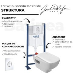 WC suspendu sans bride Jacob Delafon Struktura + abattant + Bati support autoportant + Sail Plaque de commande WC rond blanc 3