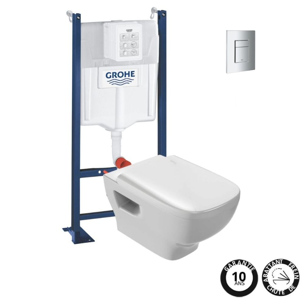 WC suspendu sans bride JACOB DELAFON Struktura + bâti-support GROHE + plaque, chrome, Plaque de commande Even