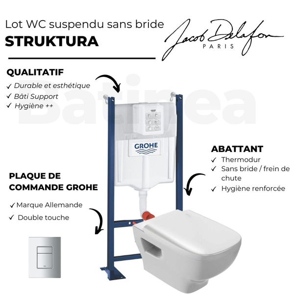 WC suspendu sans bride Jacob Delafon Struktura + abattant + Bati support autoportant + Even Plaque de commande WC carré chromé 3