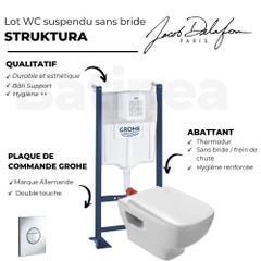 WC suspendu sans bride Jacob Delafon Struktura + abattant + Bati support autoportant + Sail Plaque de commande WC rond chromé 3