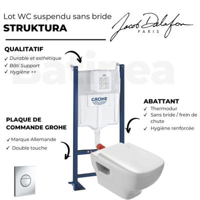 WC suspendu sans bride JACOB DELAFON Struktura + bâti-support GROHE RAPID SL + plaque, chrome, Plaque de commande Sail
