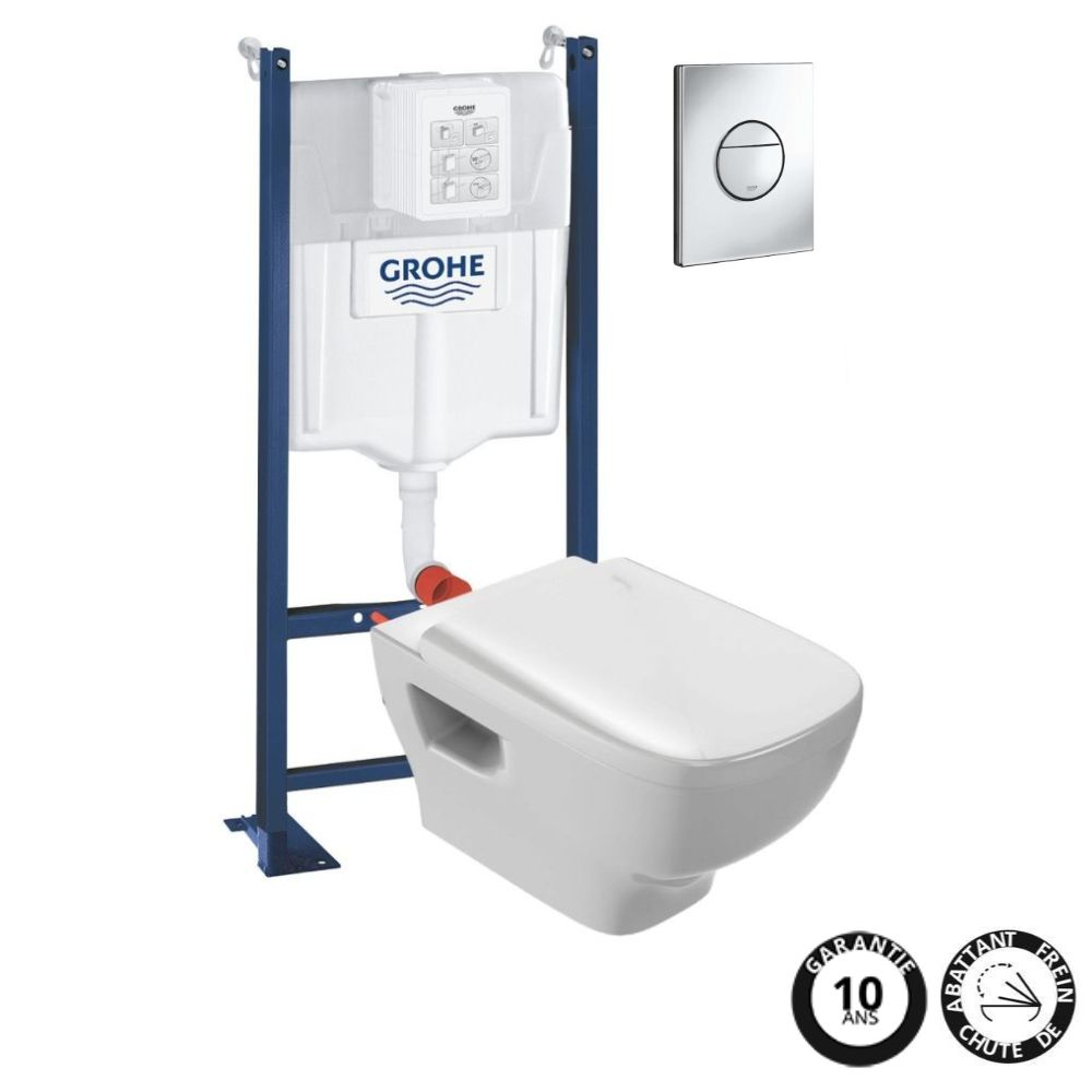 WC suspendu sans bride JACOB DELAFON Struktura + bâti-support GROHE + plaque, chrome, Plaque de commande Sail