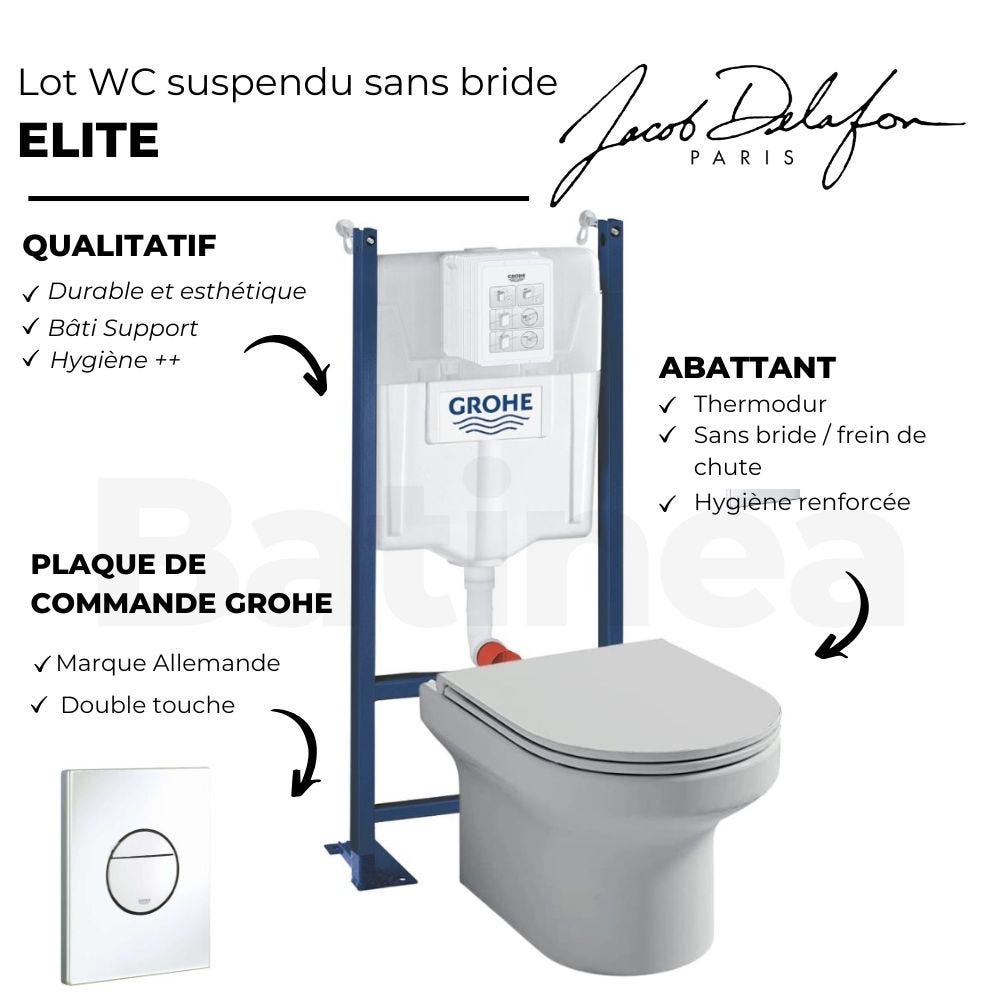Pack WC suspendu + abattant + Bati support autoportant + Sail Plaque de commande WC rond blanc 3