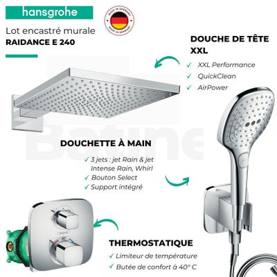Lot robinet douche encastré thermostatique HANSGROHE Ecostat E + Douche de tête Raindance E 300 3