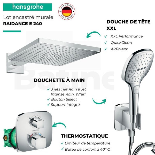 Lot robinet douche encastré thermostatique HANSGROHE Ecostat E + Douche de tête Raindance E 300 5