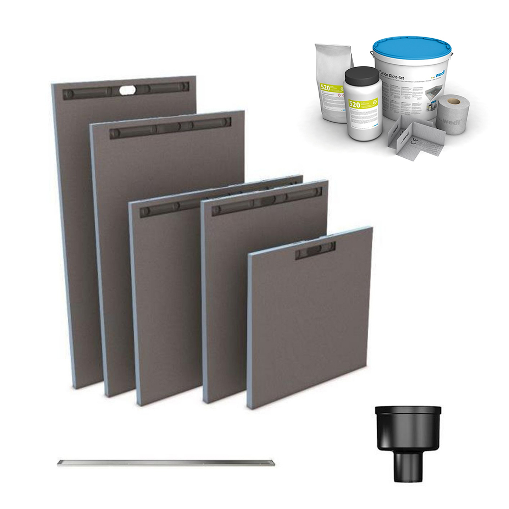 Receveur à carreler WEDI Fundo Riolito Neo + barrette de finition inox + bonde vertical + kit d étanchéité, 120 x 100