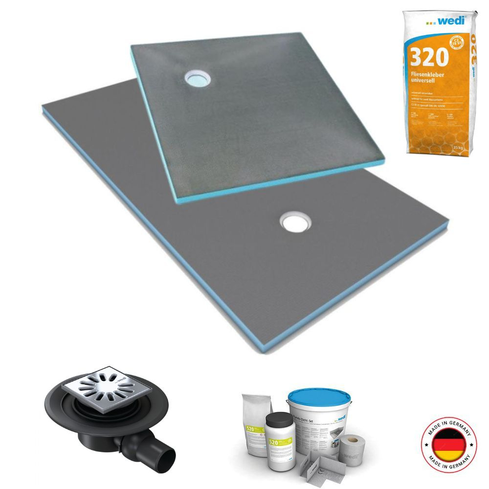 Receveur à carreler Wedi Fundo Primo, écoulement excentré + bonde horizontale + kit d étanchéité et colle 320, 150 x 150
