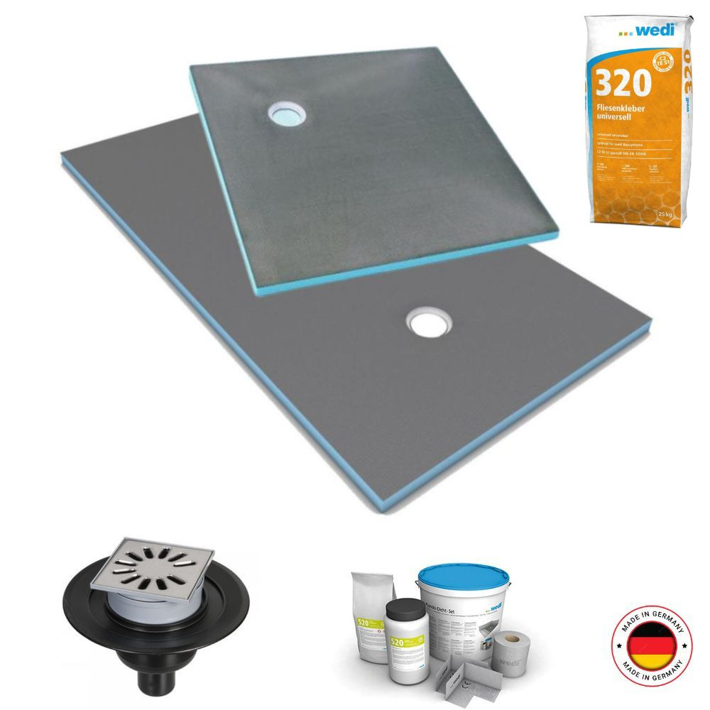 Receveur à carreler Wedi Fundo Primo, écoulement excentré + bonde verticale + kit d étanchéité et colle 320, 120 X 90