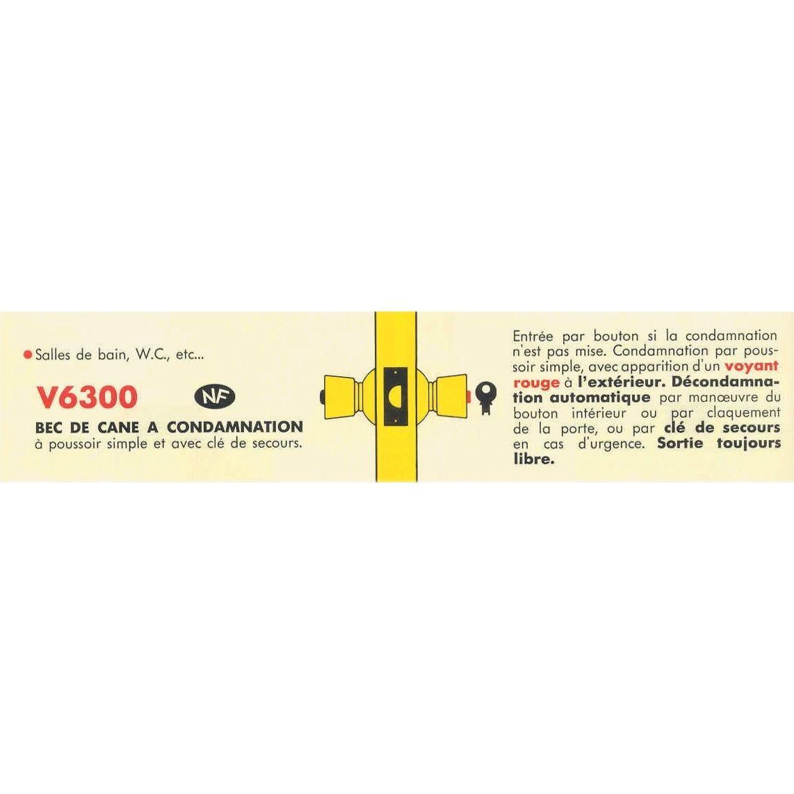 Serrure tubulaire V 6300 bec de canne à condamnation axe 80mm bouton standard finition inox - VACHETTE - 19033000 1
