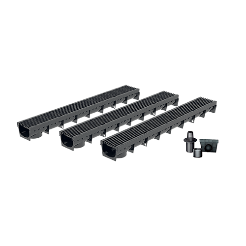 Pack de 3 Caniveaux extérieurs avec grille à fentes longitudinales en plastique recyclé noir MEAPARK - Largeur utile 10cm – passage piéton 0