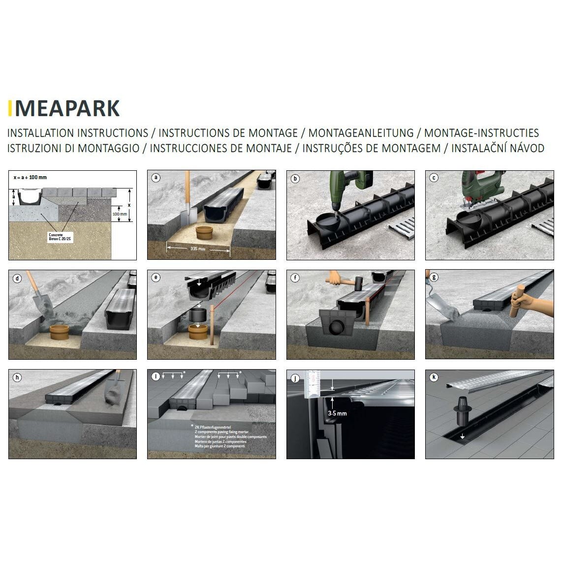 Pack de 3 Caniveaux extérieurs avec grille à fentes longitudinales en plastique recyclé noir MEAPARK - Largeur utile 10cm – passage piéton 3