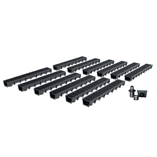 Pack de 12 Caniveaux extérieurs avec grille à fentes longitudinales en plastique recyclé noir MEAPARK - Largeur utile 10cm – passage piéton 0