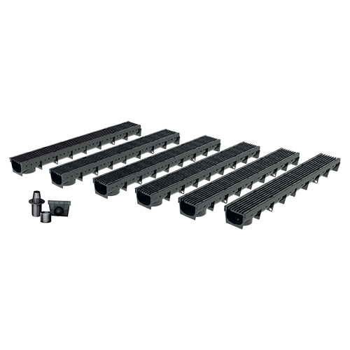 Pack de 6 Caniveaux extérieurs avec grille à fentes longitudinales en plastique recyclé noir MEAPARK - Largeur utile 10cm – passage piéton 0