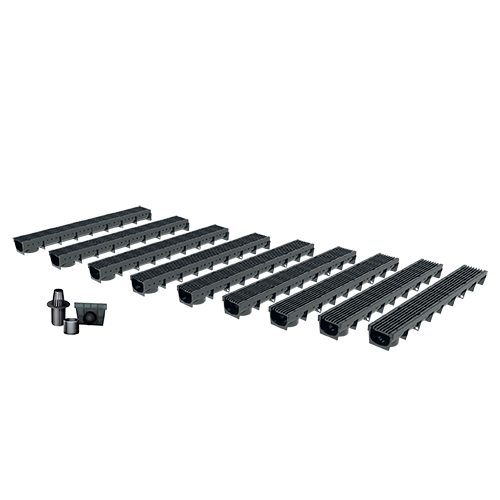 Pack de 9 Caniveaux extérieurs avec grille à fentes longitudinales en plastique recyclé noir MEAPARK - Largeur utile 10cm – passage piéton 0