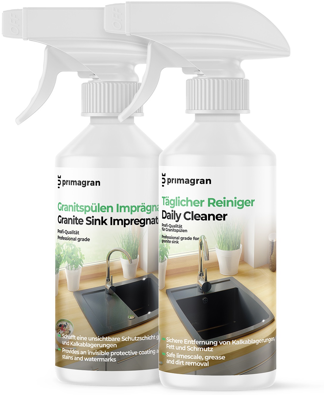 Set d'Entretien Complet pour Eviers en Granit 2x250ml, Produit d'Entretien pour le Nettoyage et l'imprégnation des Eviers de Cuisine, Primagran
