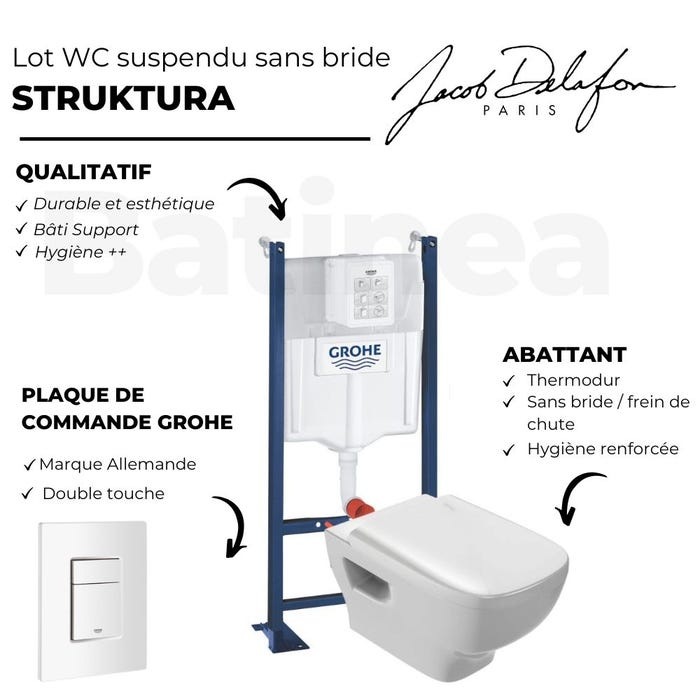 WC suspendu sans bride Jacob Delafon Struktura + abattant + Bâti support + Even Plaque de commande WC carré blanc 3