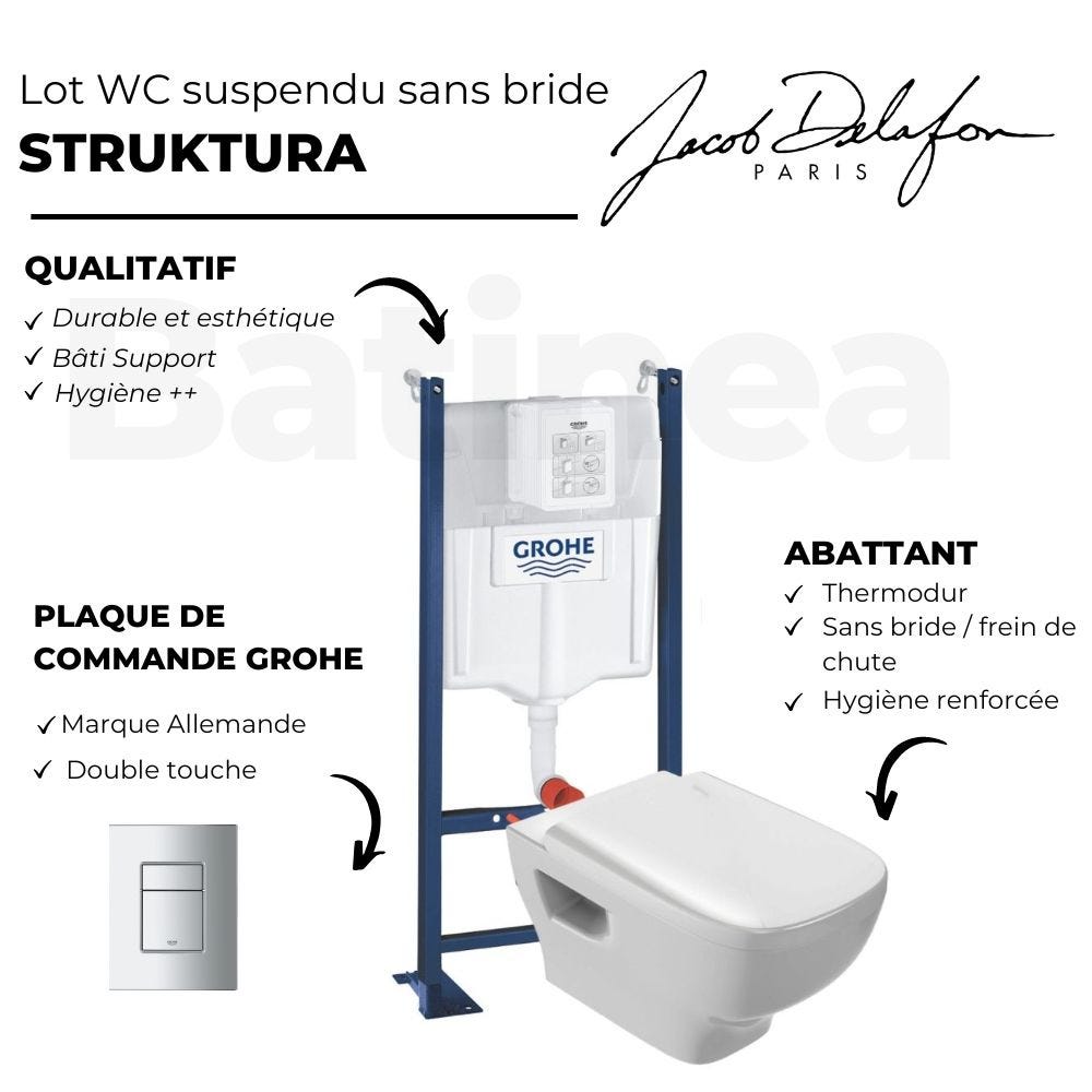 WC suspendu sans bride Jacob Delafon Struktura + abattant + Bâti support + Even Plaque de commande WC carré chromé 3