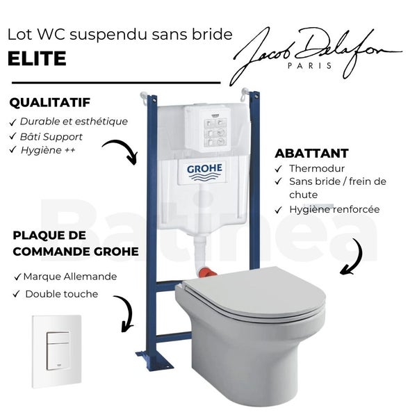 Pack WC suspendu + abattant + Bâti support + Even Plaque de commande WC carré blanc 3