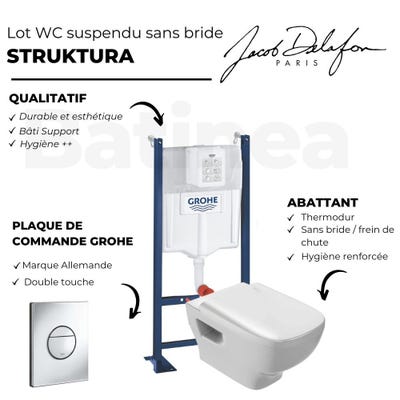 WC suspendu sans bride Jacob Delafon Struktura + abattant + Bâti support + Sail Plaque de commande WC rond chromé 3