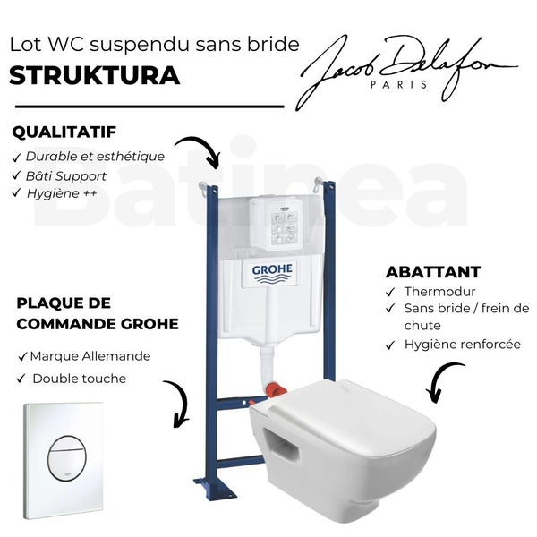 WC suspendu sans bride Jacob Delafon Struktura + abattant + Bâti support + Sail Plaque de commande WC rond blanc 3