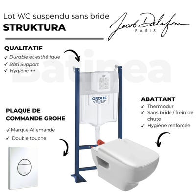 WC suspendu sans bride Jacob Delafon Struktura + abattant + Bâti support + Sail Plaque de commande WC rond blanc 5