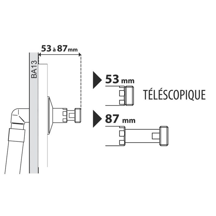 Raccord d'adaptation telescopique mâle - femelle 15x21 (1/2) + rosace chromée pour platine sécable 2