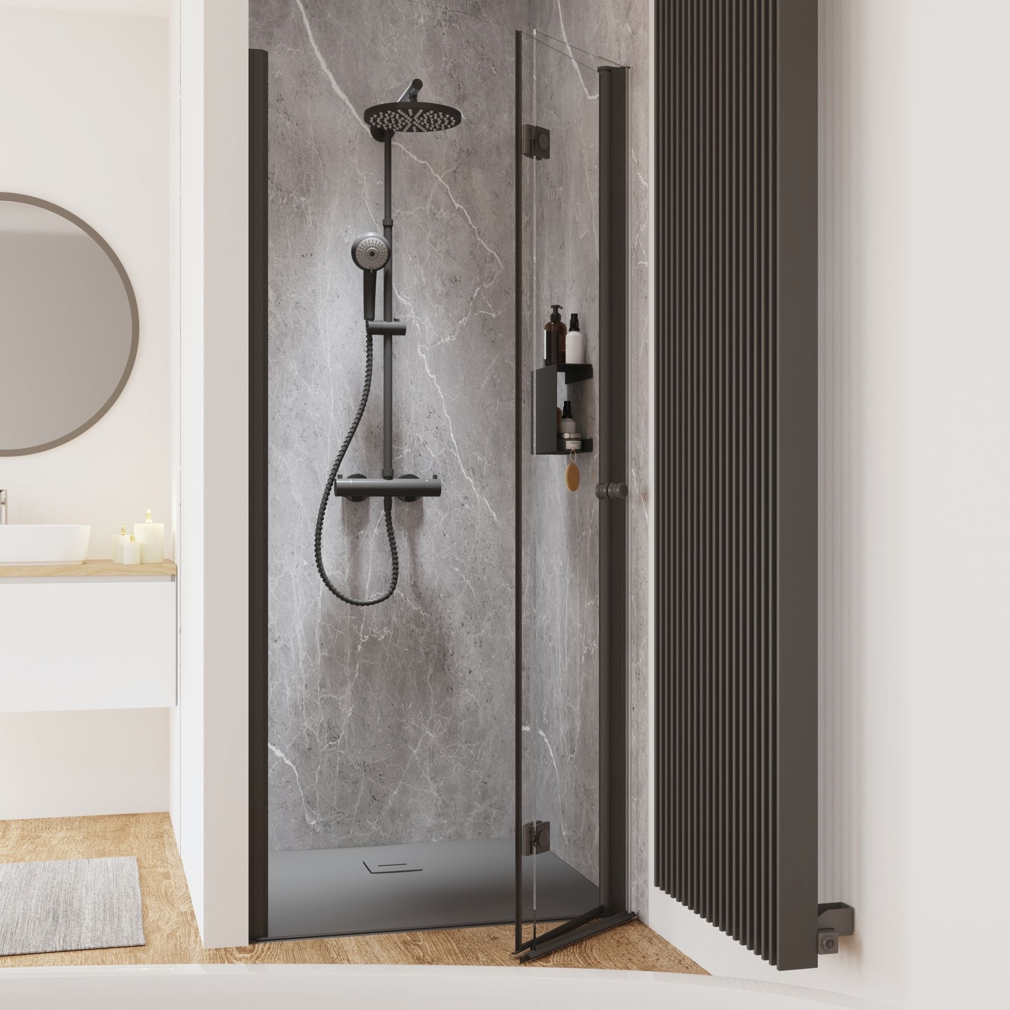 Schulte Porte de douche pivotante-pliante, verre 6 mm, profilé noir, Garant, anticalcaire 80 x 200 cm, ouverture vers la droite 1