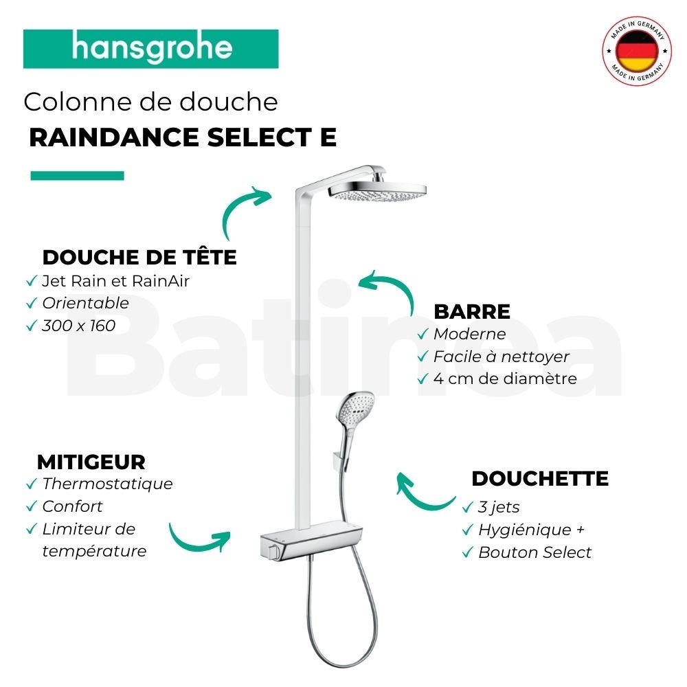 Colonne de douche thermostatique HANSGROHE Raindance Select E 3 jets chromée + nettoyant Briochin 3