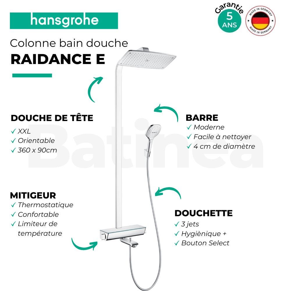 Colonne bain douche thermostatique HANSGROHE Raindance E 360 chromé + tablette AddStoris 1