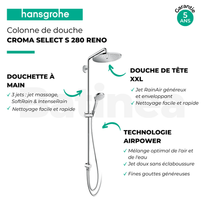 Colonne de douche ou bain douche sans mitigeur HANSGROHE Croma Select S 280 chromé + tablette AddStoris 3