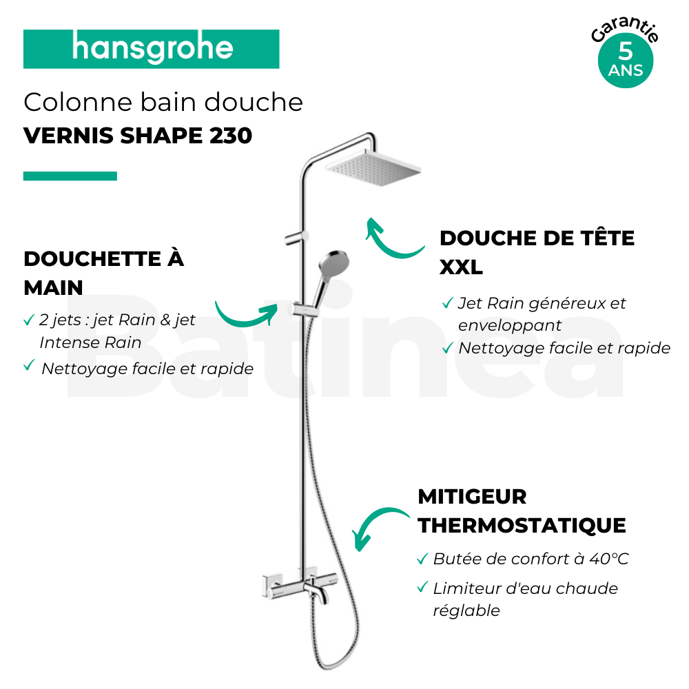 Colonne bain douche thermostatique HANSGROHE Vernis Shape 230 chromé + tablette AddStoris 3
