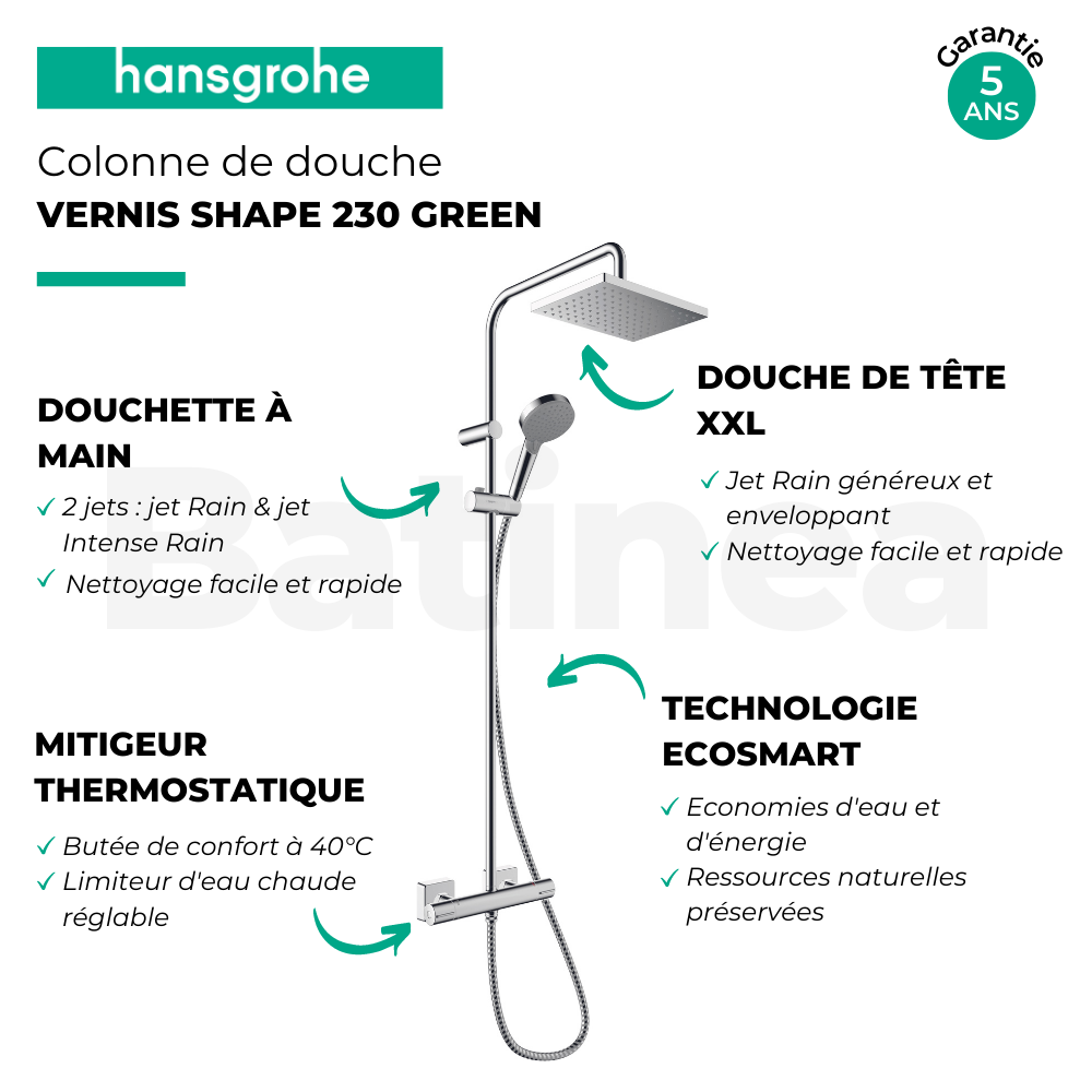 Colonne de douche thermostatique HANSGROHE Vernis Shape 230 Green Chromé + nettoyant Briochin 3