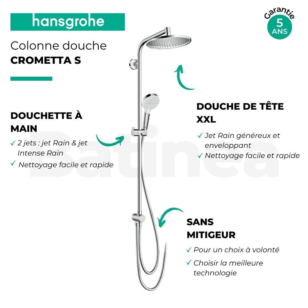 Colonne de douche ou bain douche sans mitigeur HANSGROHE Crometta S 240 chromé + tablette AddStoris 2