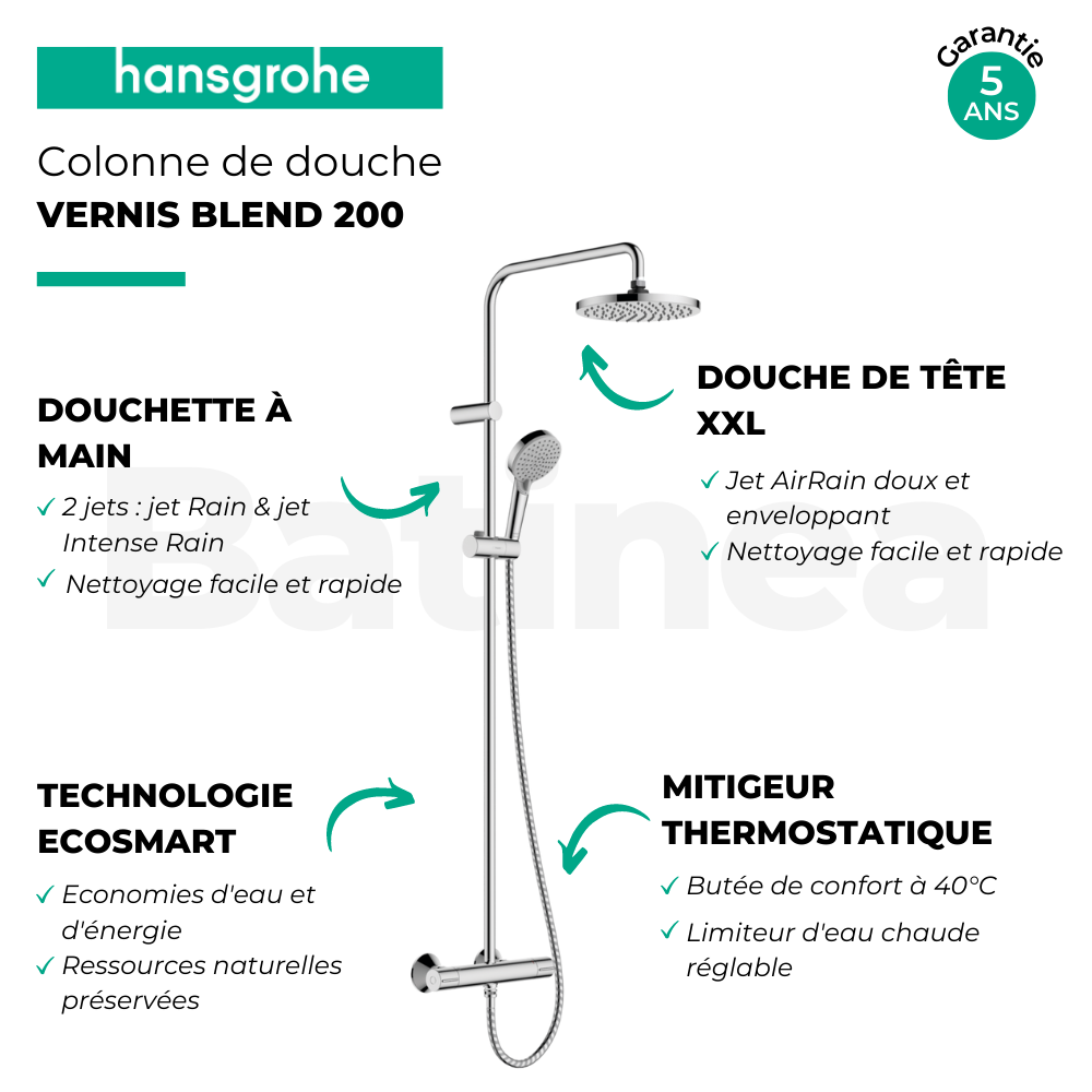 Colonne de douche thermostatique HANSGROHE Vernis Blend 200 EcoSmart chromée + nettoyant Briochin 5