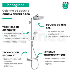 Colonne de douche thermostatique HANSGROHE Croma Select S 280 EcoSmart chromé + tablette AddStoris 3