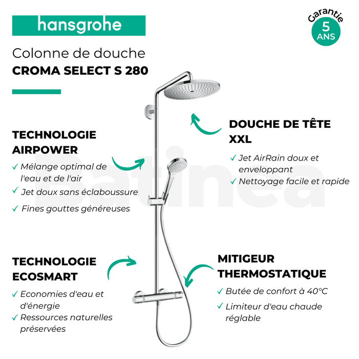 Colonne de douche thermostatique HANSGROHE Croma Select S 280 EcoSmart chromé + tablette AddStoris 3
