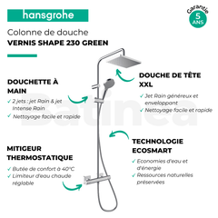 Colonne de douche thermostatique HANSGROHE Vernis Shape 230 Green chromé + tablette AddStoris 3