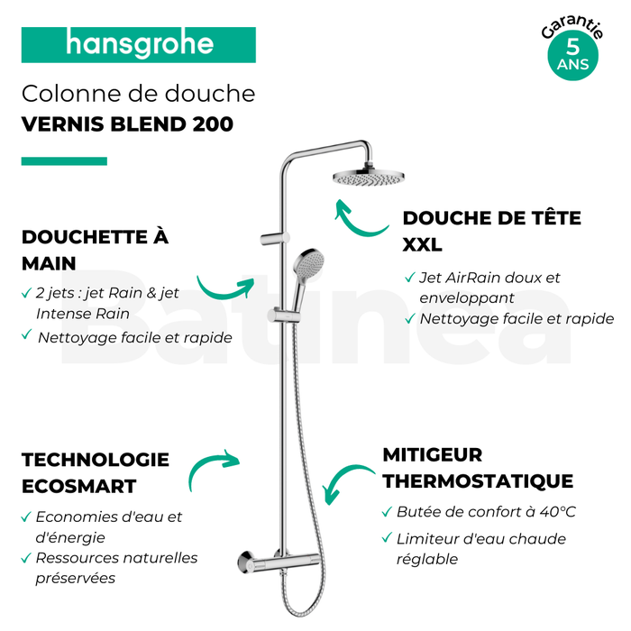 Colonne de douche thermostatique HANSGROHE Vernis Blend 200 EcoSmart chromé + tablette AddStoris 3