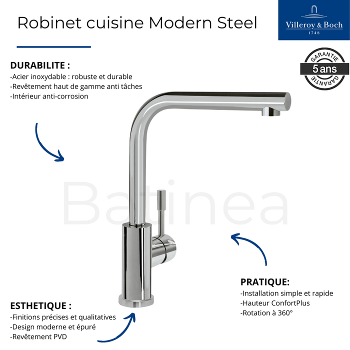 Robinet cuisine VILLEROY ET BOCH Modern Steel acier massif poli 2