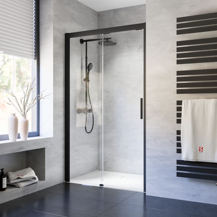 Schulte Porte de douche coulissante, verre 8 mm anticalcaire, profilé noir, Impériale 8, softclose, 100 x 200 cm, ouverture à droite 0