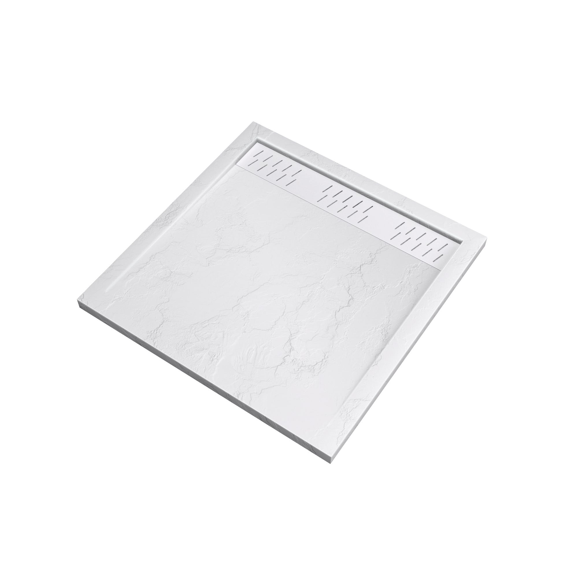 Receveur en acrylique Blanc Effet Pierre 80x80x4 cm + Grilles Linéaires Chrome et Blanche - MOON 2