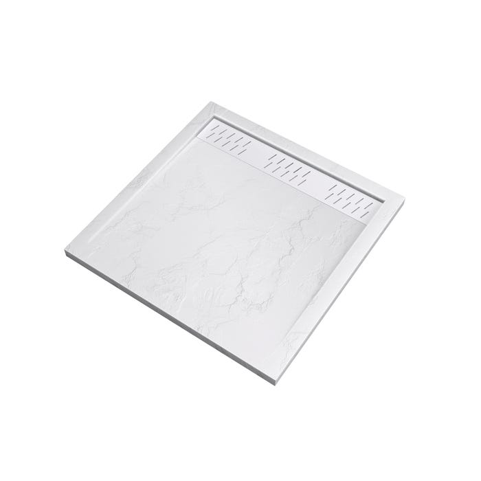Receveur en acrylique Blanc Effet Pierre 80x80x4 cm + Grilles Linéaires Chrome et Blanche - MOON 2