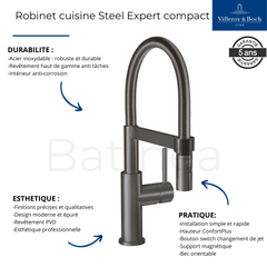 Robinet cuisine VILLEROY ET BOCH Steel expert compact anthracite + nettoyant 3